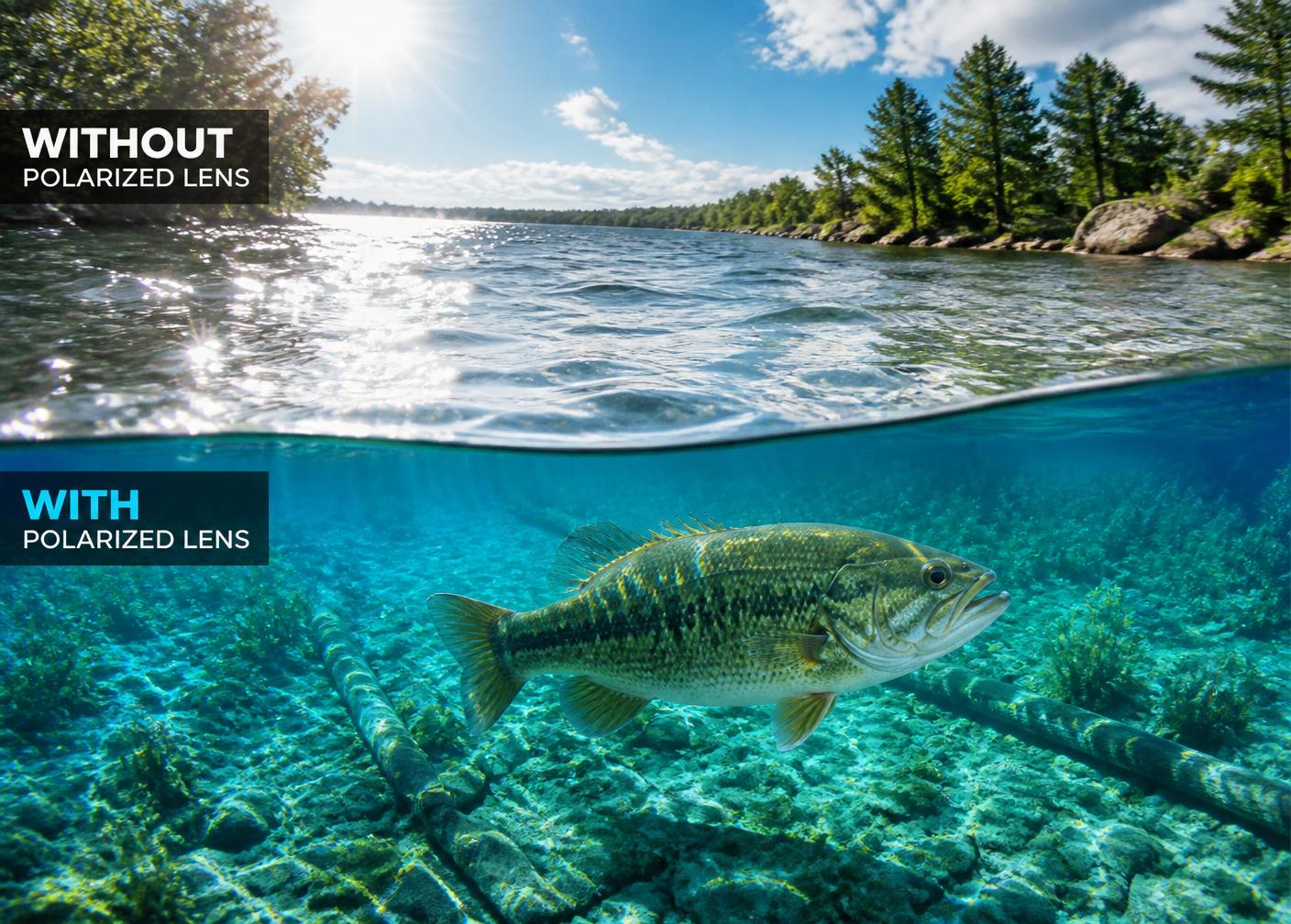 Comparison of water view with and without AquaSight polarized fishing lenses